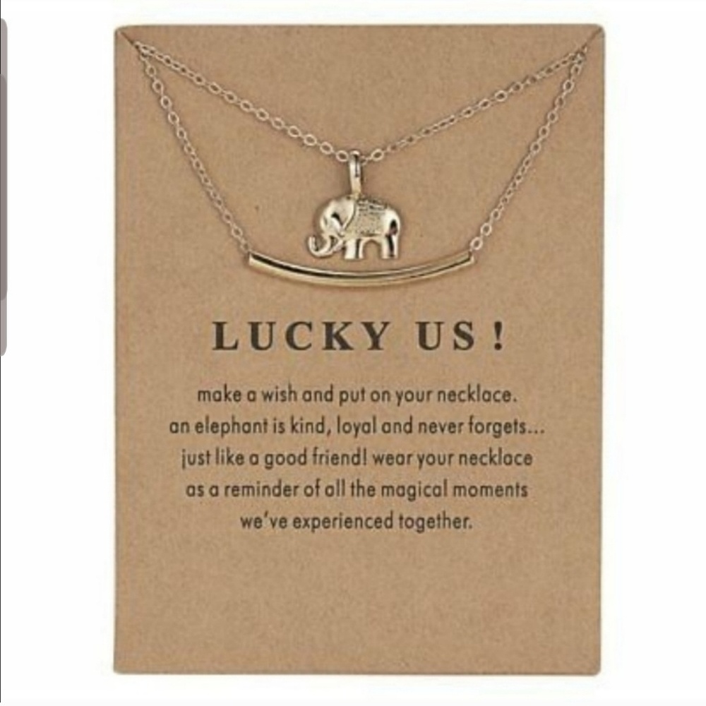 Gold "Lucky Us!" Elephant/Bar Necklace